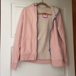 Pink and blue zip up jacket with hoodie